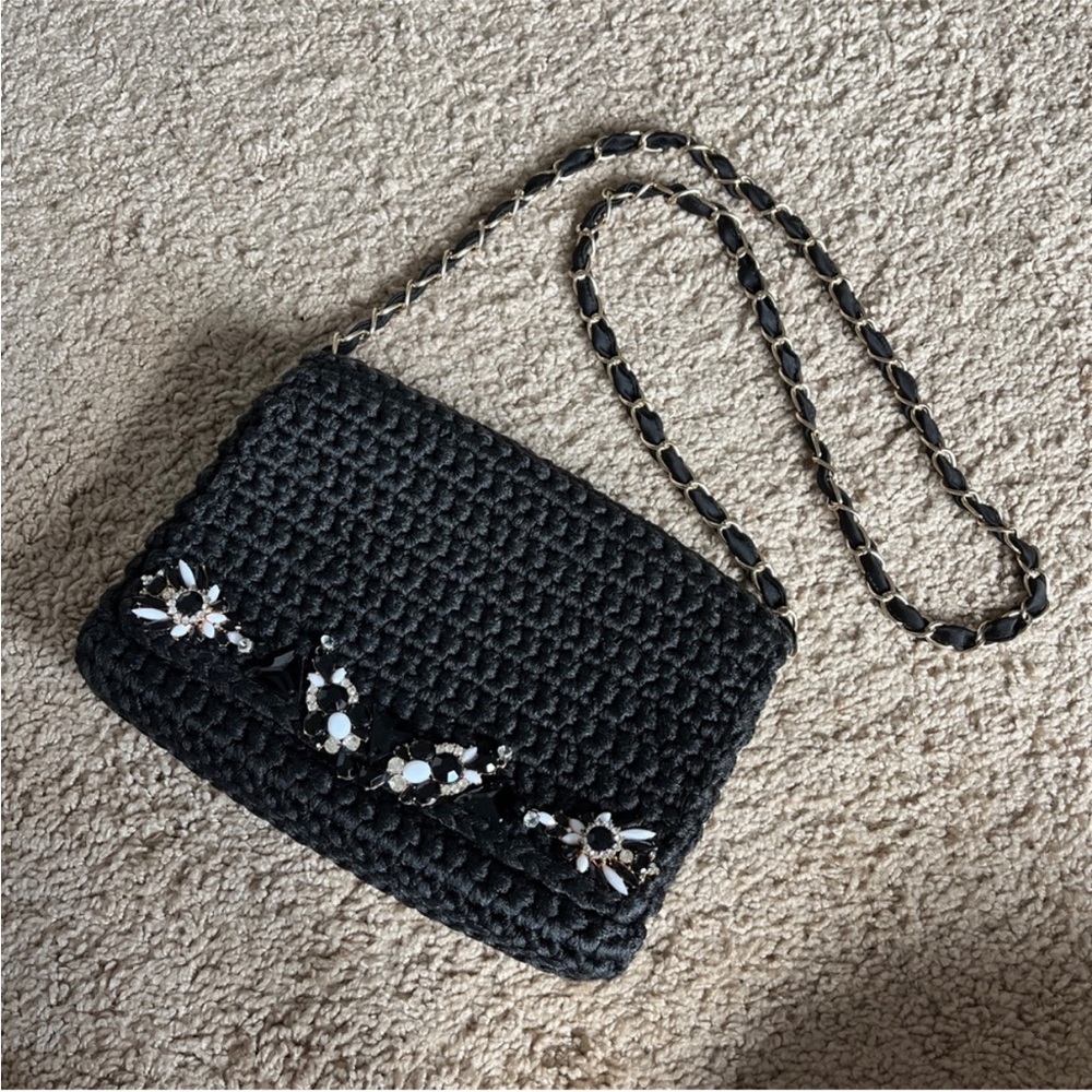 One-of-a-Kind Handmade Black Crochet Bag — Gems & Gold Chain Strap